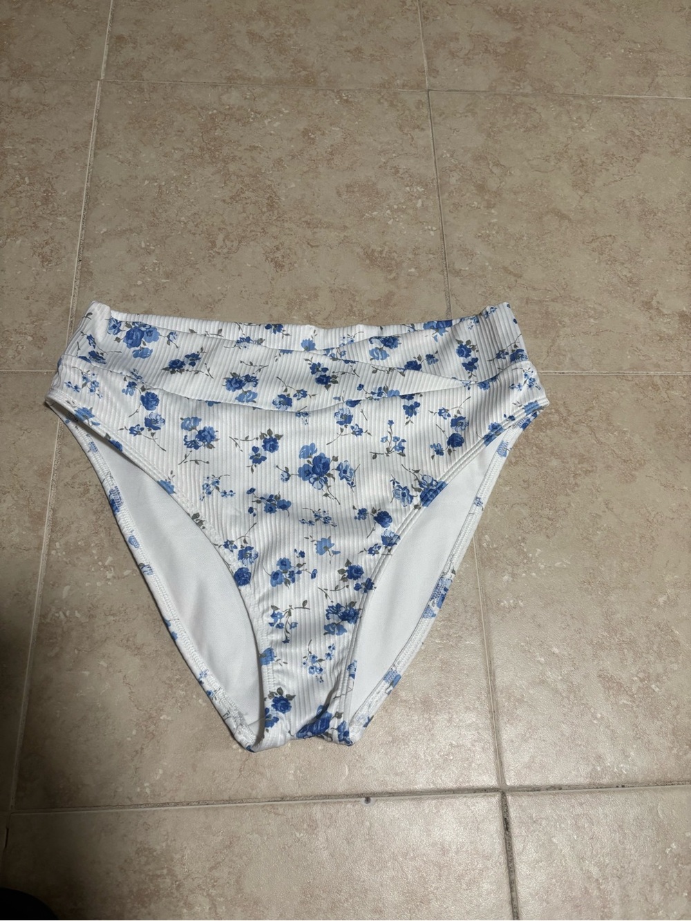 Hollister White Ribbed High Waisted  Swim Top with Blue Floral Print